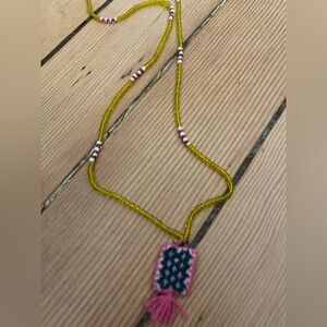 Handcrafted Yellow Beaded Necklace with Pink Pendant